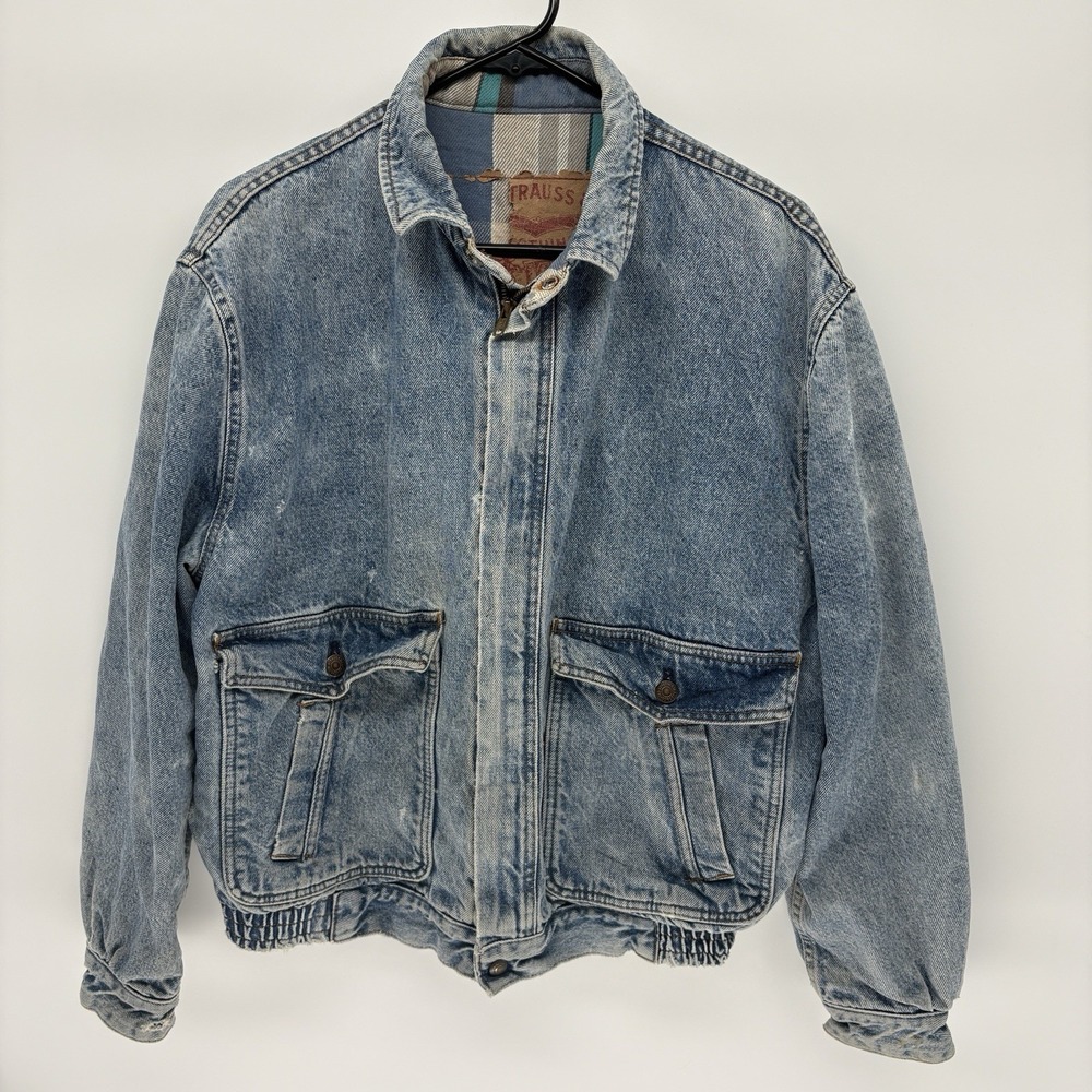 Vintage 90s Levis Denim Chore Jacket Flannel Lined A-2 Bomber Retro Zip Barn M
